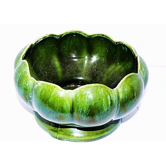 Vintage Green Drip Glazed lotus blossom Round Ceramic Bowl Planter - Picture 5 of 6